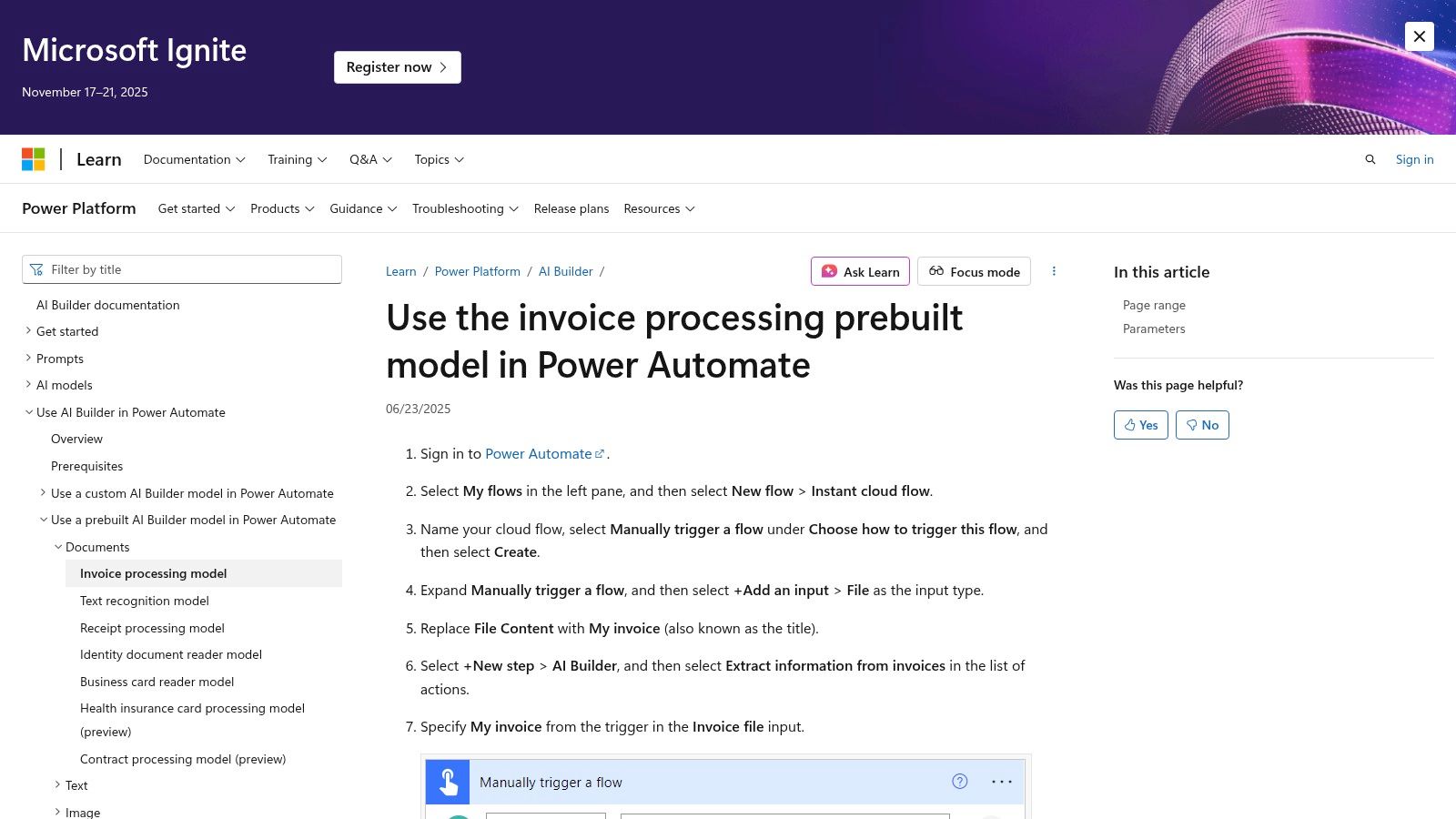Microsoft Power Automate + AI Builder showing a workflow for processing invoices.