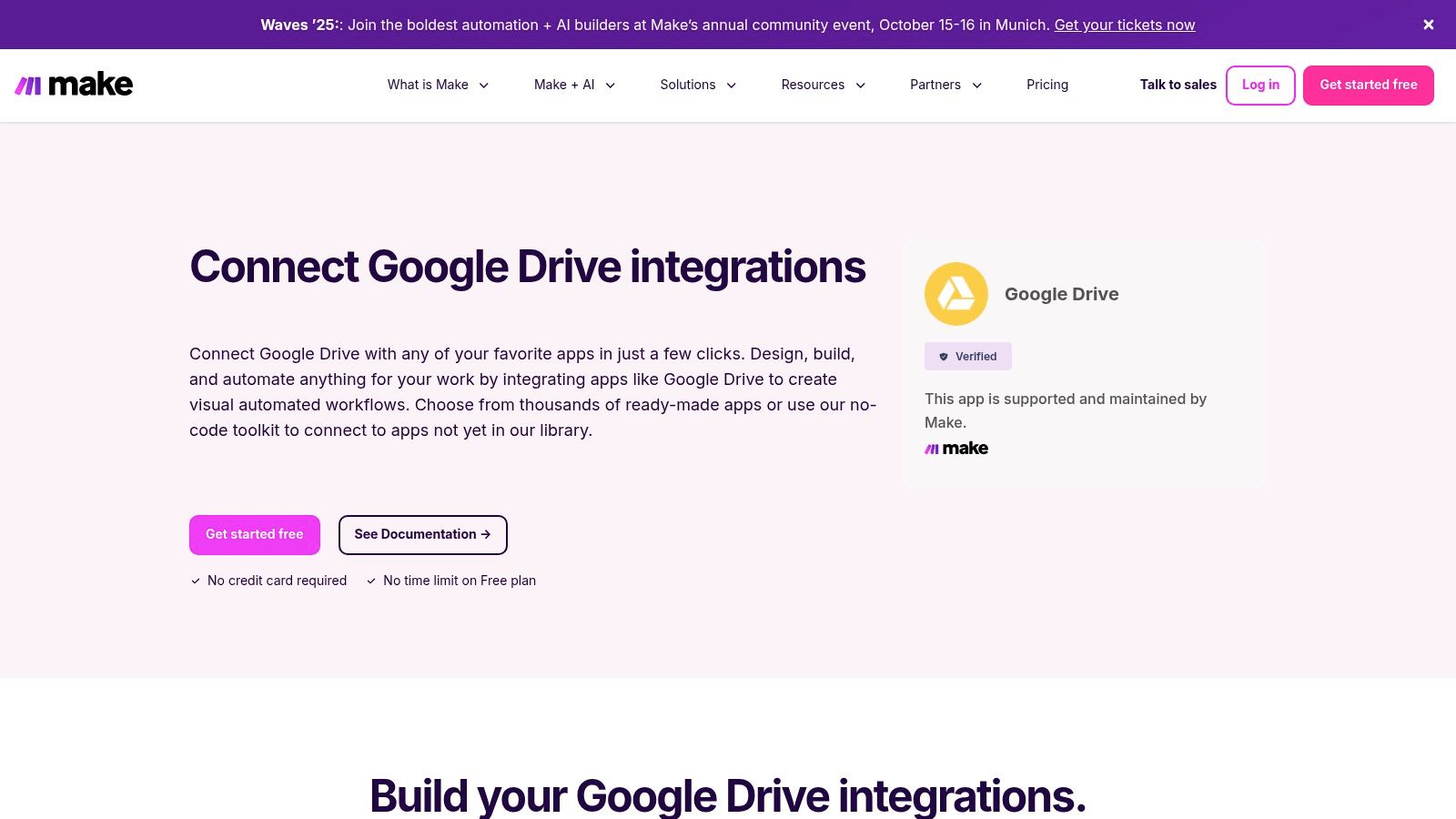 Make’s visual workflow builder showing a scenario for Google Drive automation