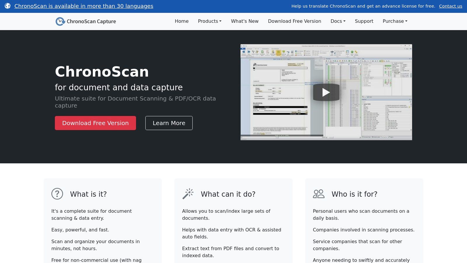 ChronoScan’s interface showing its document capture and data extraction tools.