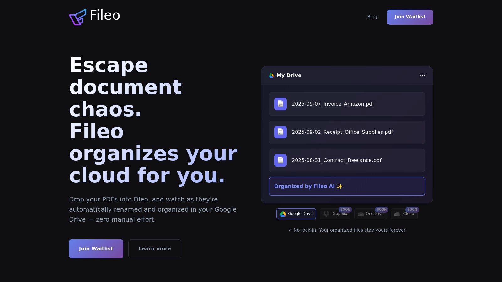 An animation showing how Fileo automatically organises documents in Google Drive, moving files from an inbox to categorised folders.