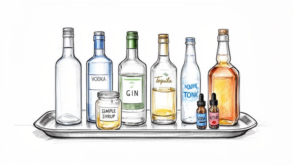 A collection of liquor bottles, simple syrup, tonic, soda, and bitters on a serving tray.