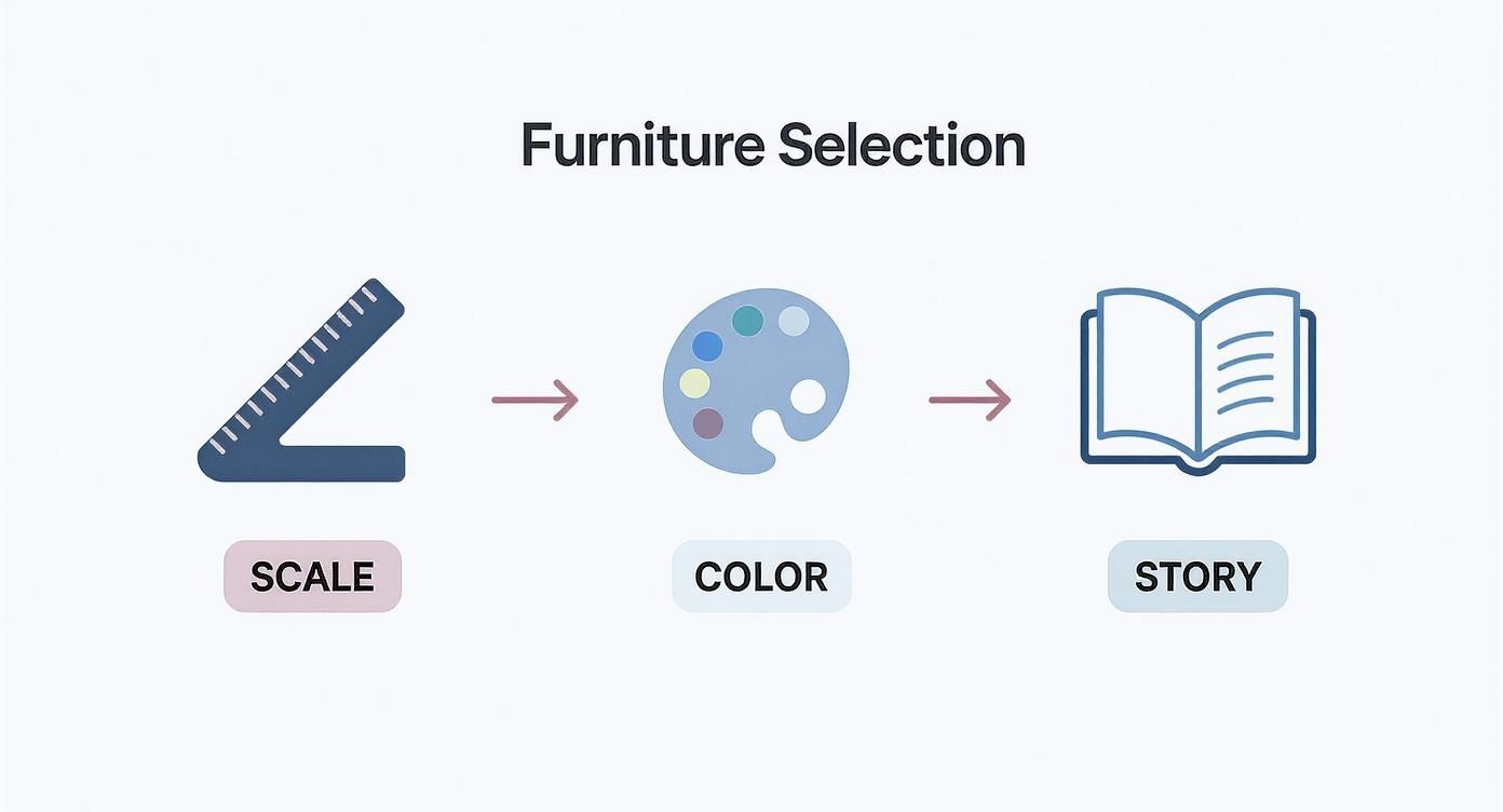 A diagram outlining the furniture selection process with steps: scale, color, and story.