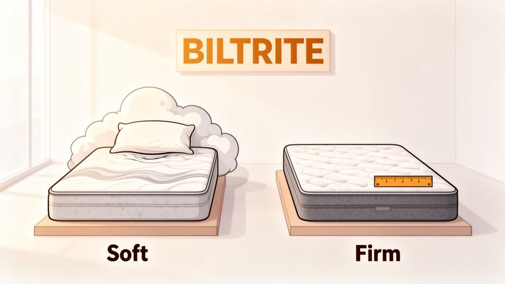 An illustration comparing a soft mattress with a cloud headboard and a firm mattress with a ruler, both by BILTRITE.