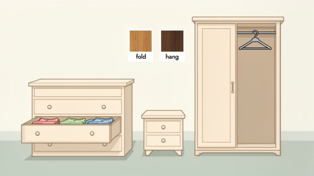Illustration of bedroom furniture: a dresser with folded clothes, a nightstand, and a wardrobe with a hanger.