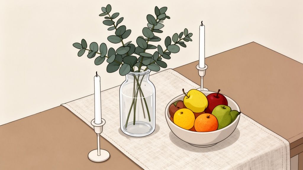 A minimalist dining table setup with eucalyptus in a vase, two candles, and a fruit bowl on a table runner.