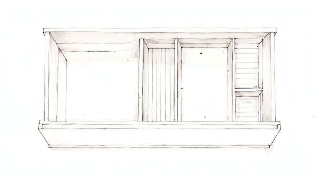 A hand-drawn sketch of a multi-compartment wall-mounted storage unit with various shelves and open spaces.