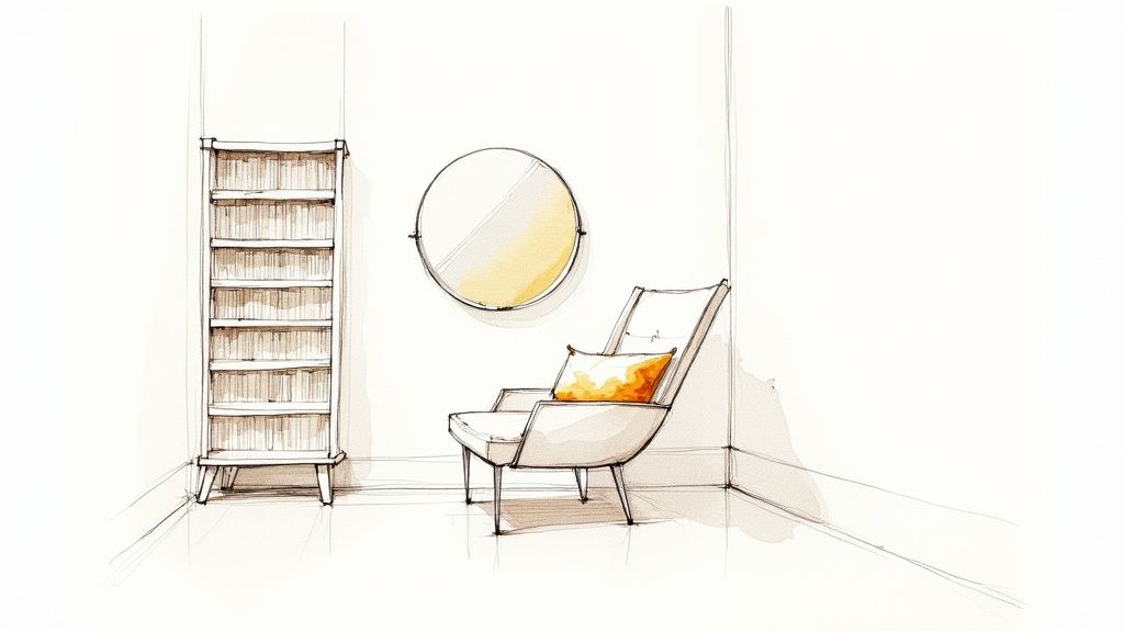 A bright and airy small room with light-colored furniture, a large mirror, and a tall bookcase.
