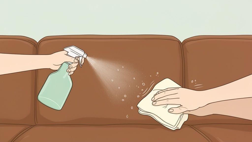 Hands spraying cleaning solution and wiping a brown leather couch with a cloth.