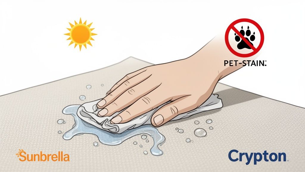 A hand wiping a spill on light-colored fabric, featuring a sun icon, no pet-stain symbol, Sunbrella and Crypton logos.