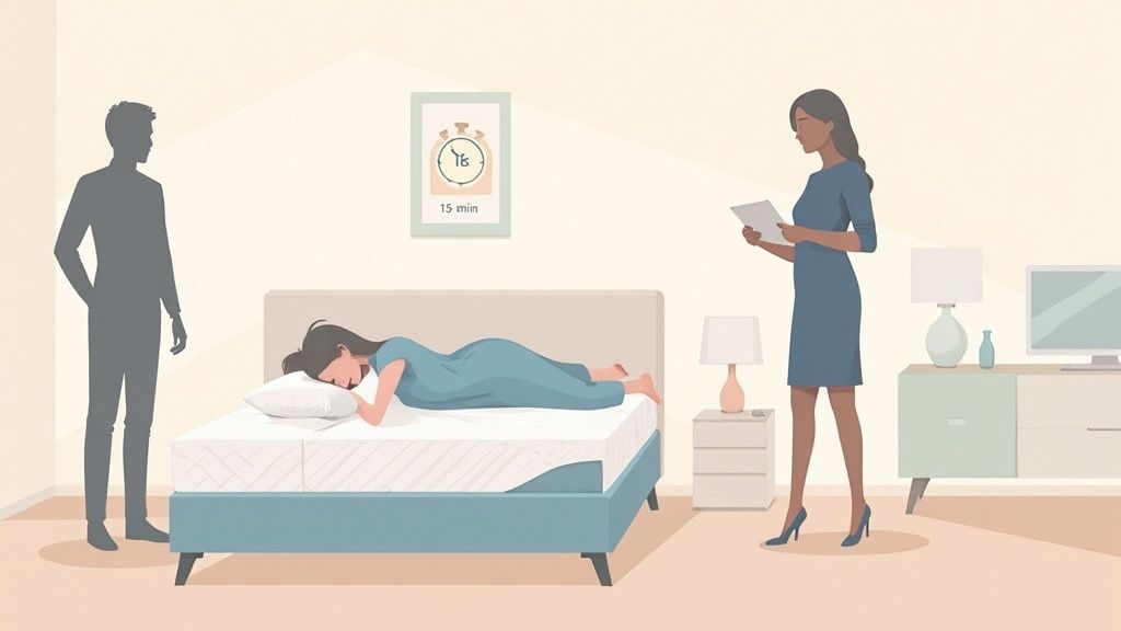 Illustration of a woman sleeping on a bed while another woman reads in a bedroom.