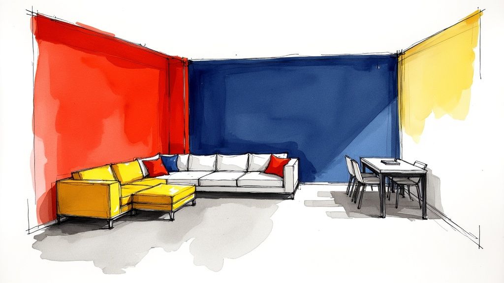 A vibrant watercolor sketch of a modern living room featuring colorful walls and furniture.