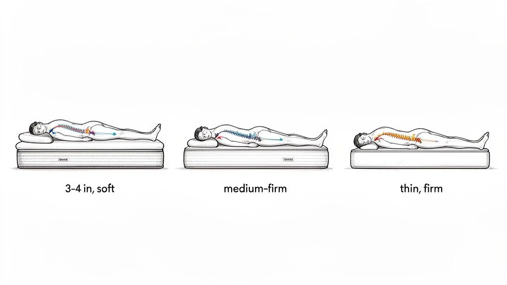 Comparing soft, medium-firm, and thin firm mattresses and their impact on back sleeper spinal support.
