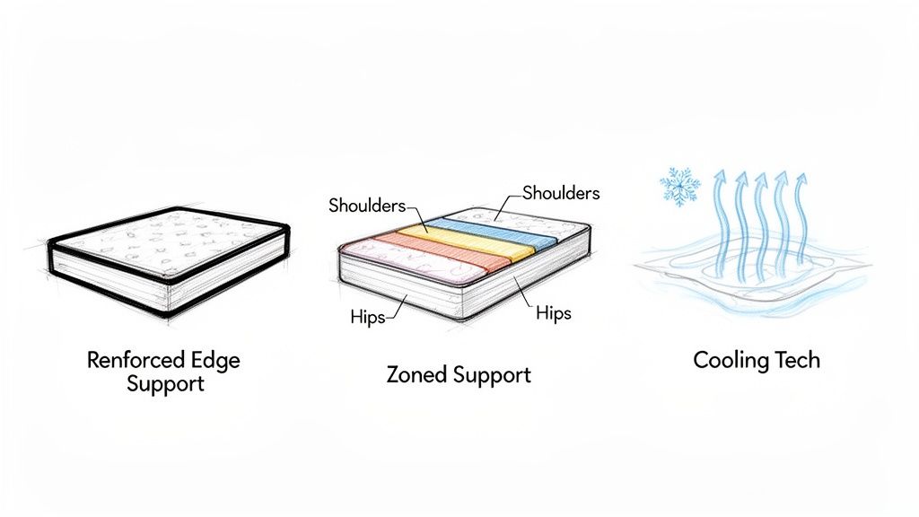 Diagram illustrating mattress features: reinforced edge support, zoned support for shoulders and hips, and cooling technology.