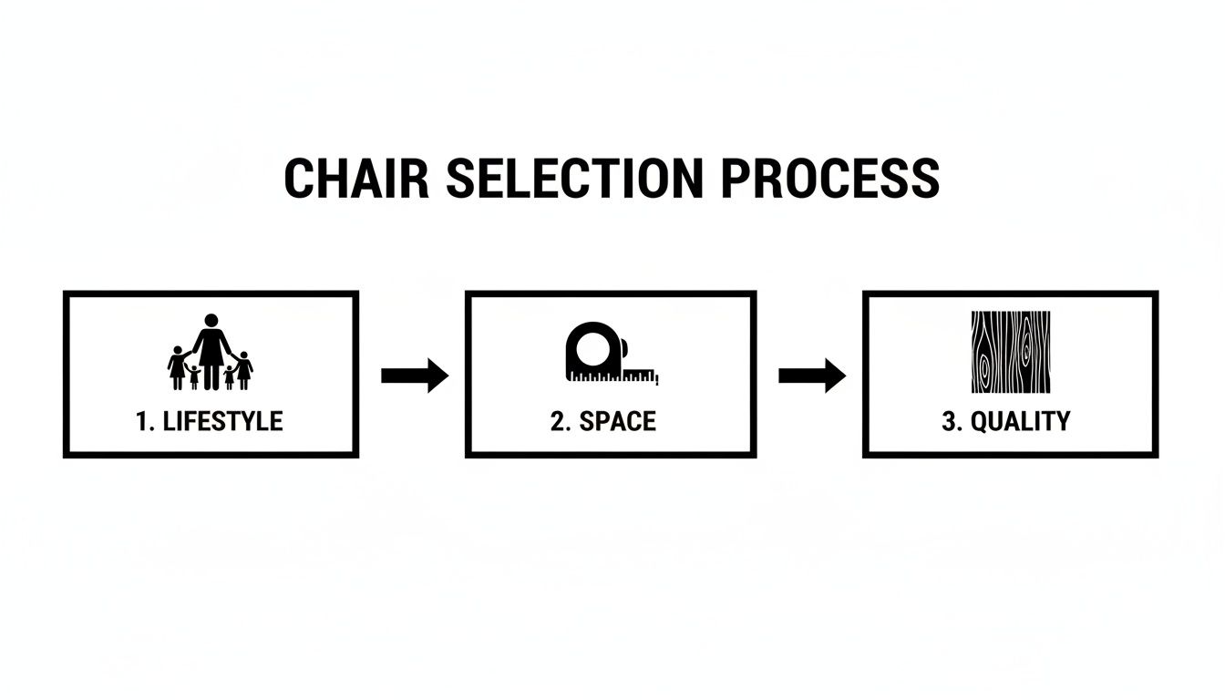 Diagram illustrating the chair selection process in three steps: lifestyle, space, and quality.