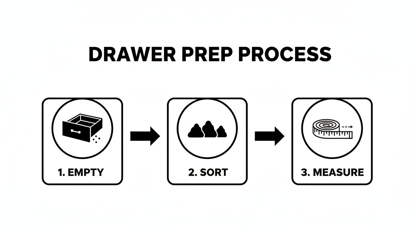 An infographic illustrating the three-step drawer preparation process: empty, sort, and measure, with icons.