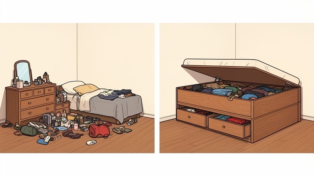 A comparison of a messy bedroom on the left and a tidy room using a storage bed on the right.