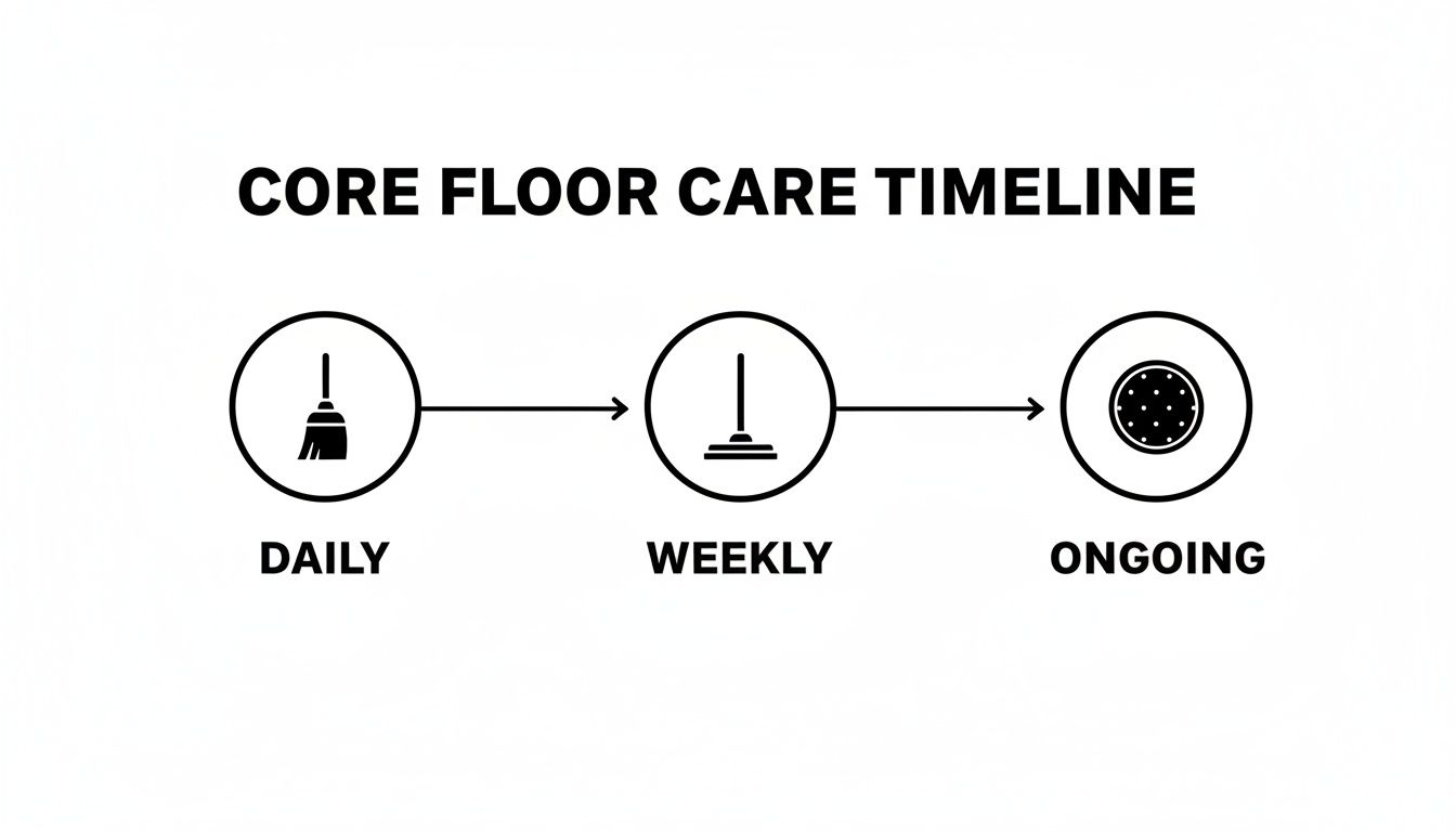 A core floor care timeline graphic showing daily sweeping, weekly mopping, and ongoing floor maintenance tasks with icons.