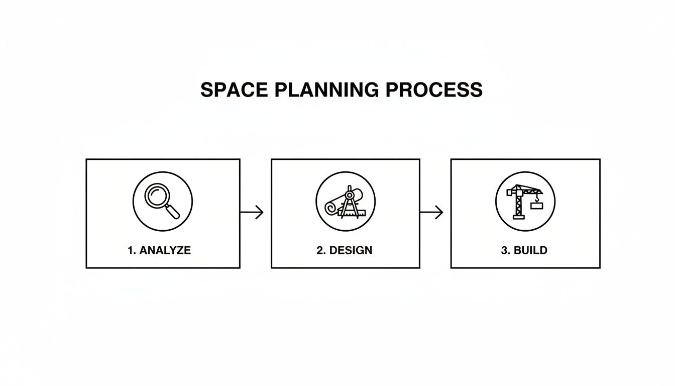A space planning process flow chart showing three steps: Analyze, Design, and Build.
