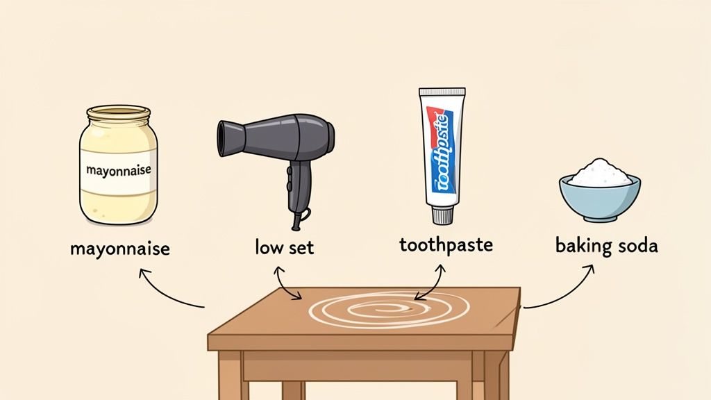 Ingredients and tools like mayonnaise, hairdryer, toothpaste, and baking soda to remove water rings from a wooden table.