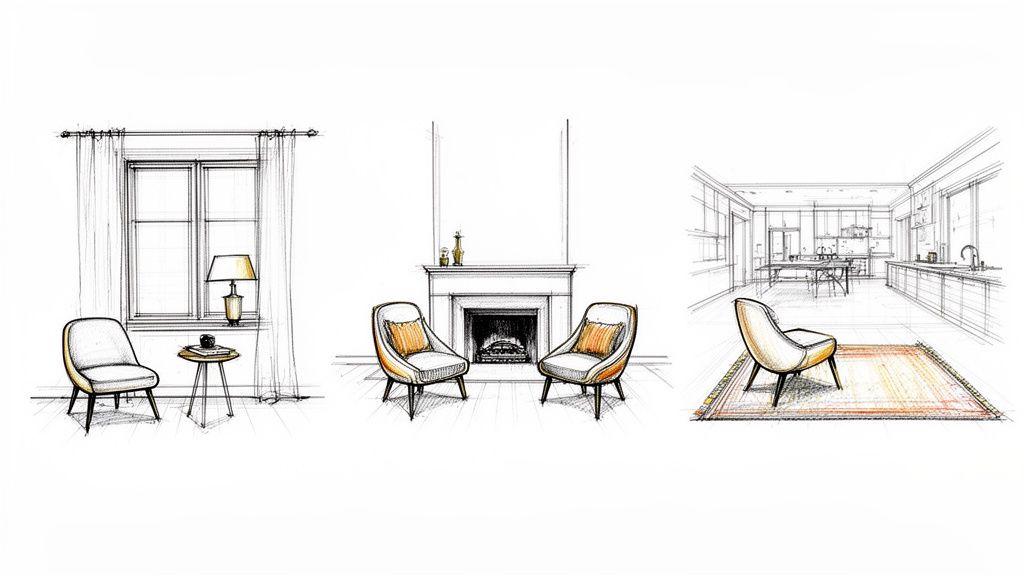 Architectural sketches of three distinct interior designs featuring accent chairs in a living room and kitchen.