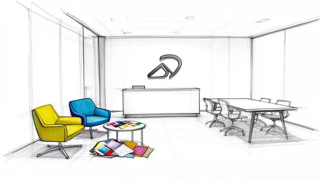 Architectural sketch of a modern office reception and meeting area with vibrant furniture.