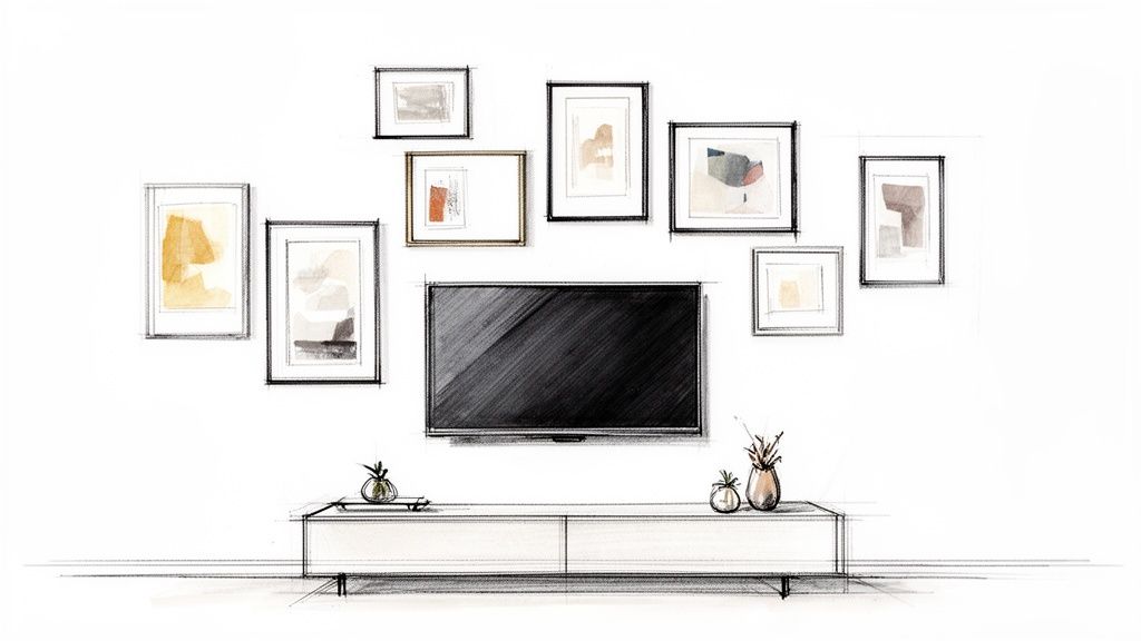 A watercolor sketch of a modern living room with a TV and abstract art gallery wall above.
