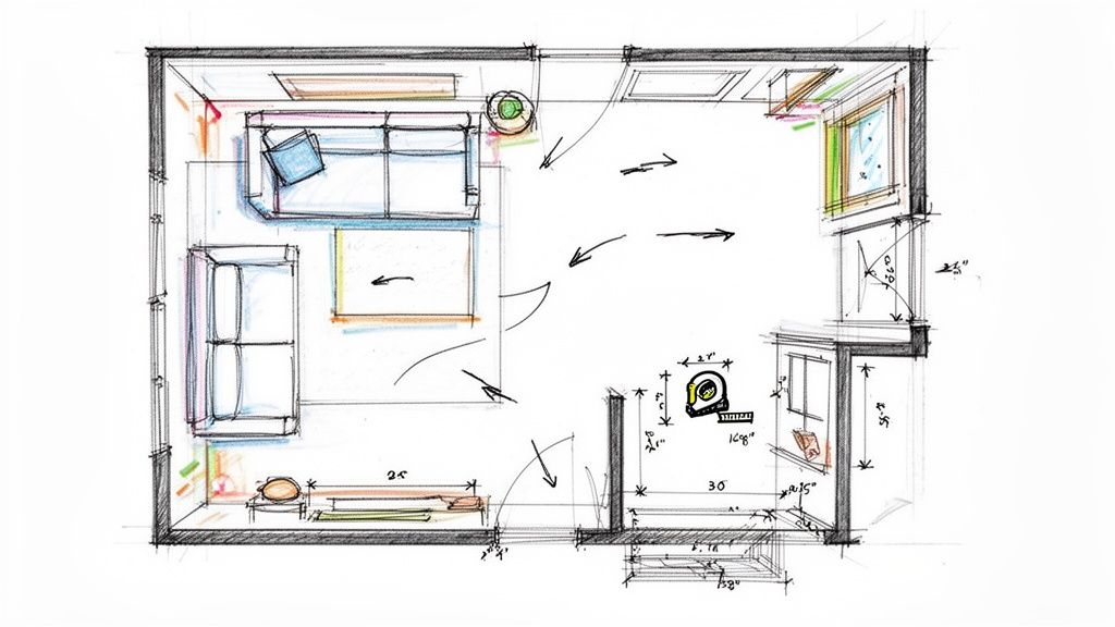 Hand-drawn floor plan sketch of a living room layout with furniture, windows, and measurements.
