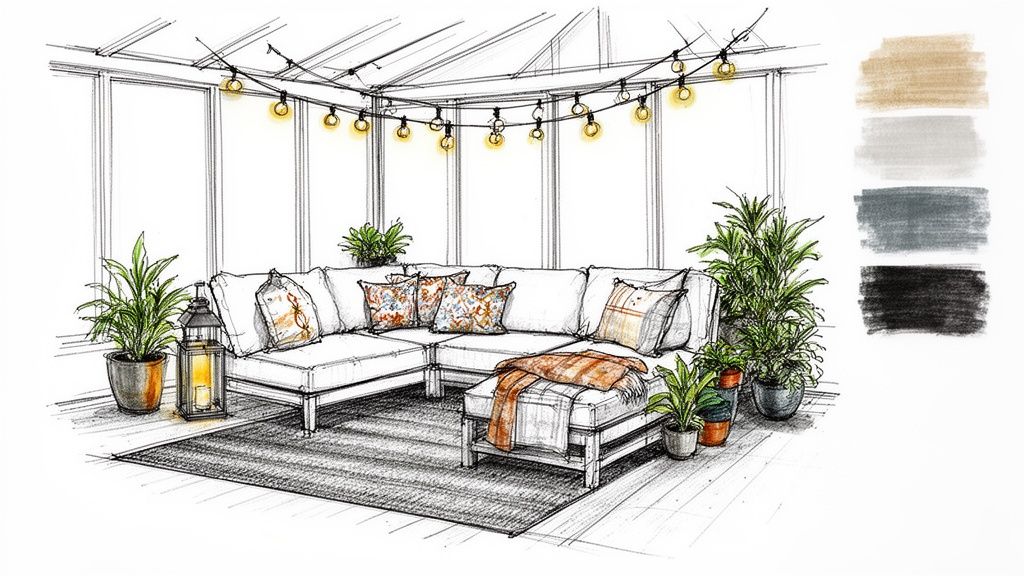 Hand-drawn sketch of a cozy 3-season room featuring a white sectional sofa, string lights, and potted plants.