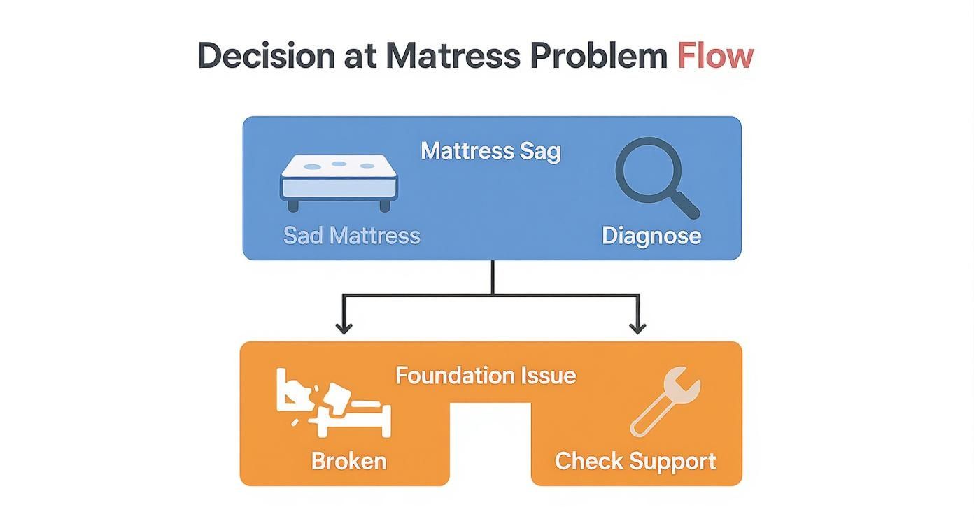 Infographic decision tree showing how to diagnose a sagging mattress problem versus a foundation issue.