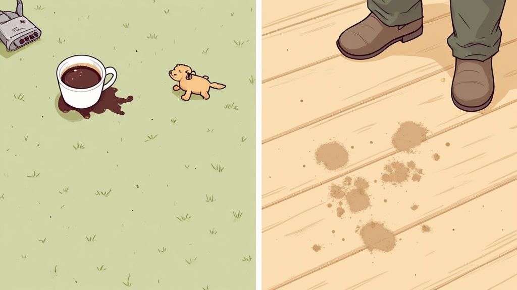 Split image: spilled coffee on grass with a toy dog, and muddy paw prints on a hardwood floor.