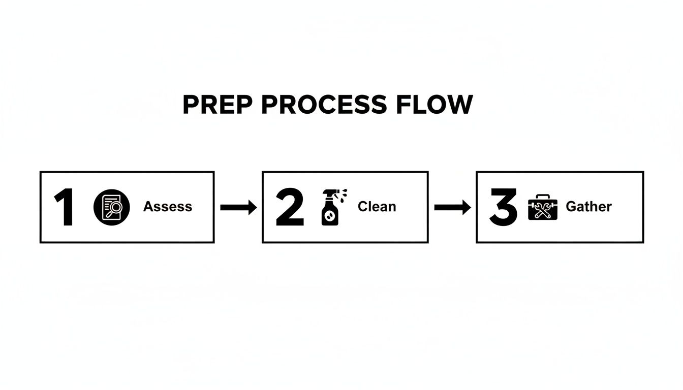 A three-step 'Prep Process Flow' diagram showing Assess, Clean, and Gather stages.