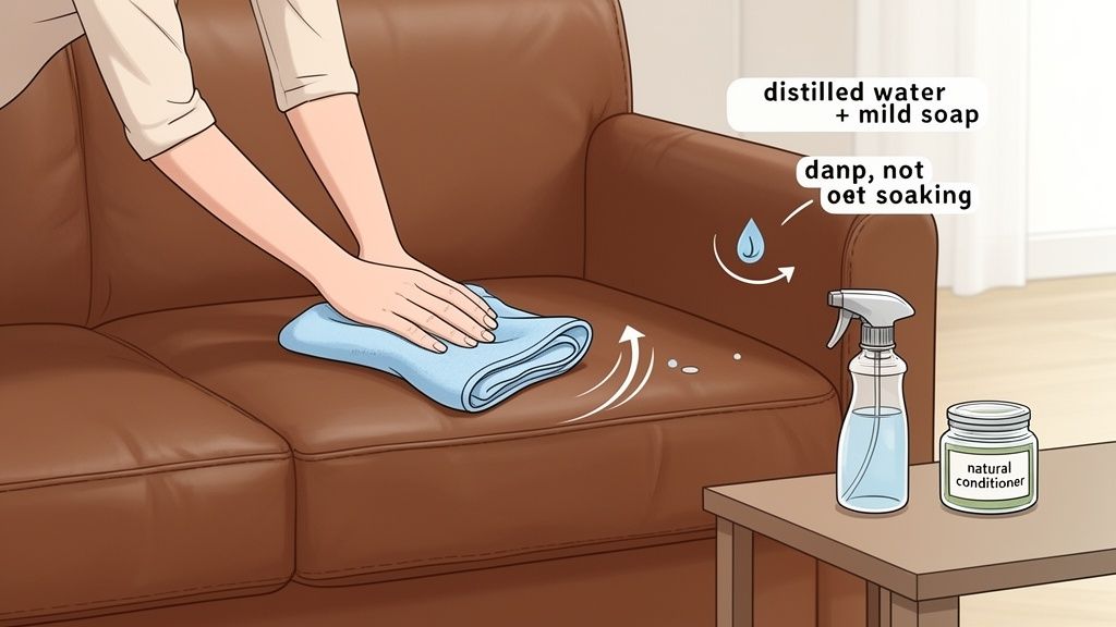 A person carefully cleaning a brown leather sofa with a damp cloth, using a natural soap solution and conditioner.