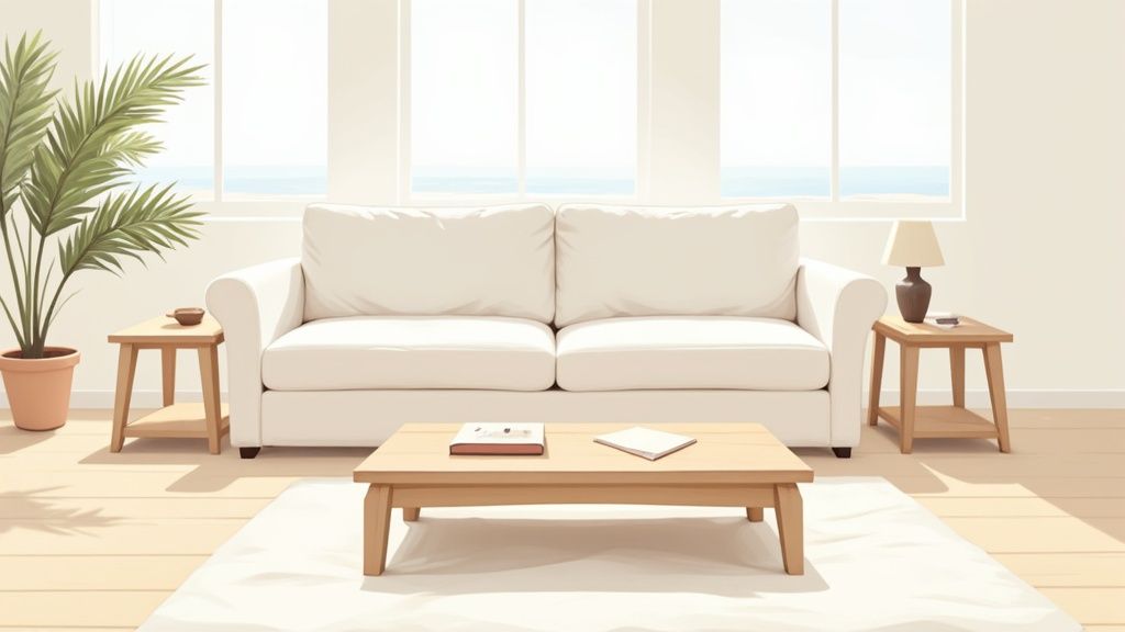 A beautifully arranged living room featuring a matching wooden living room table set.