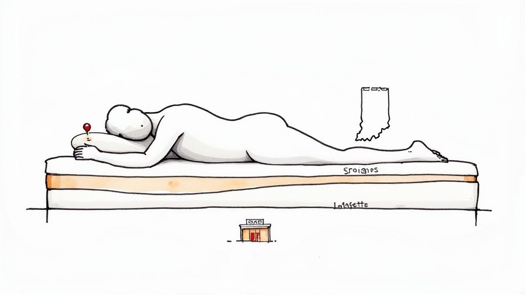 A cartoon of a person lying face down on a mattress with a red pin marking a spot on their back.