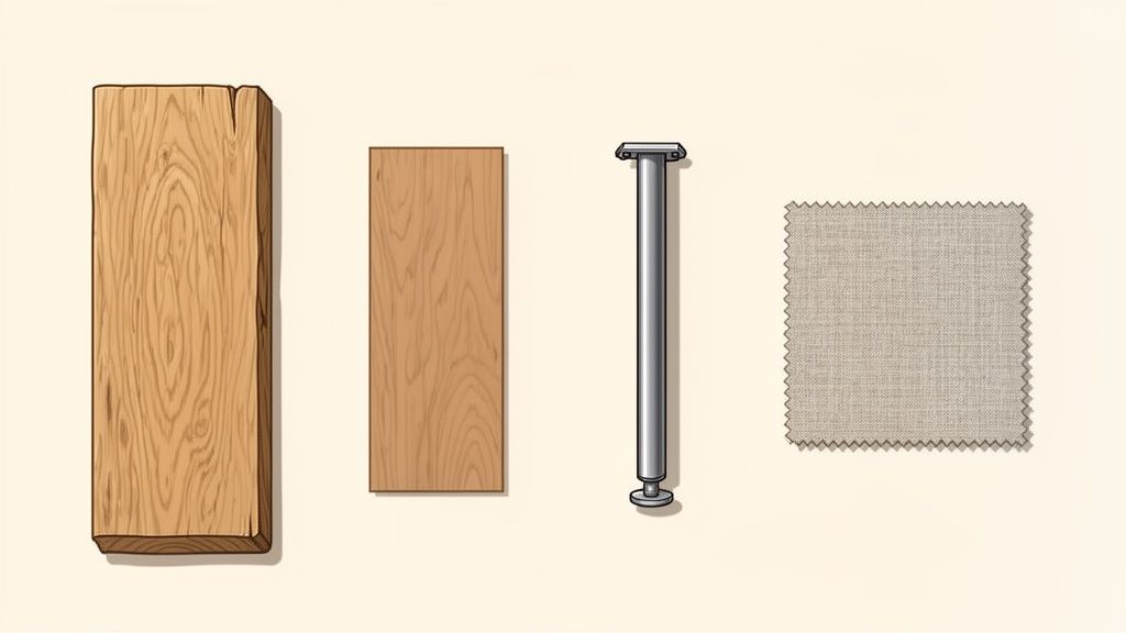 Various material samples: a rough wood beam, a smooth wood board, a metal pole, and a fabric swatch.