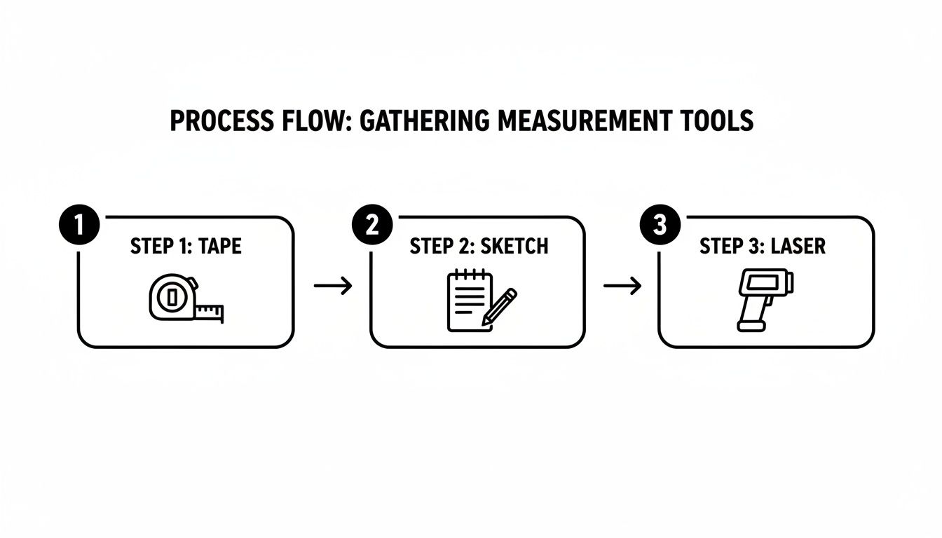 A three-step process flow illustrating gathering measurement tools: tape measure, sketchpad, and laser.
