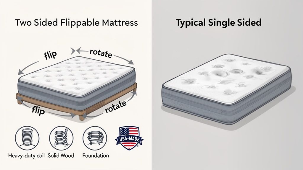 Two-sided flippable mattress on a solid wood foundation compared to a typical single-sided mattress.