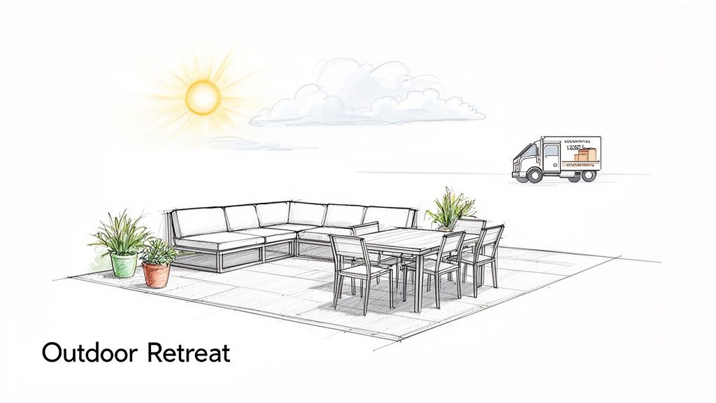 A sketch of an outdoor patio featuring a large sectional sofa, dining set, and potted plants under the sun.