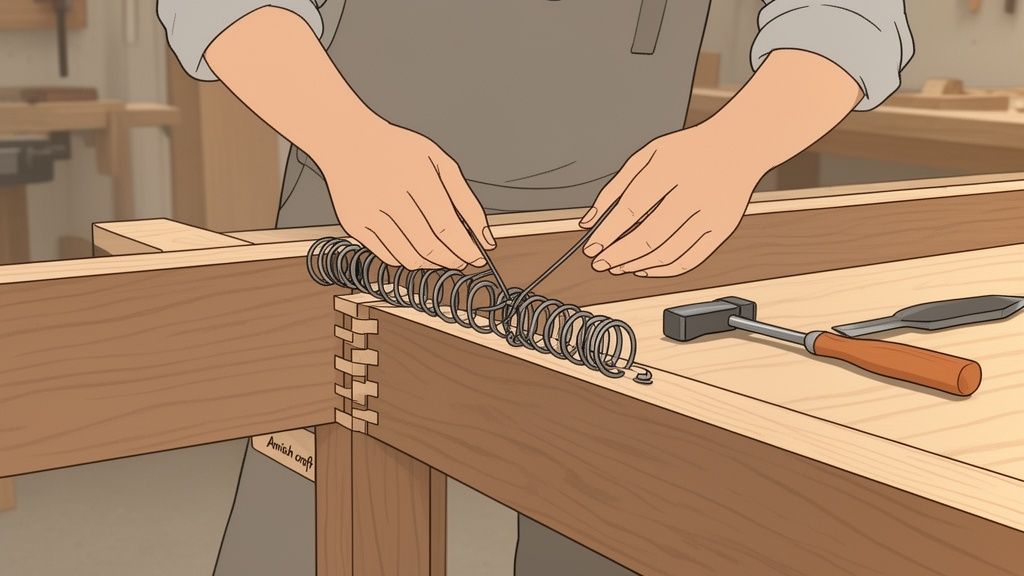 Hands manipulate a metal spiral on a wooden workbench, with tools and visible dovetail joints.