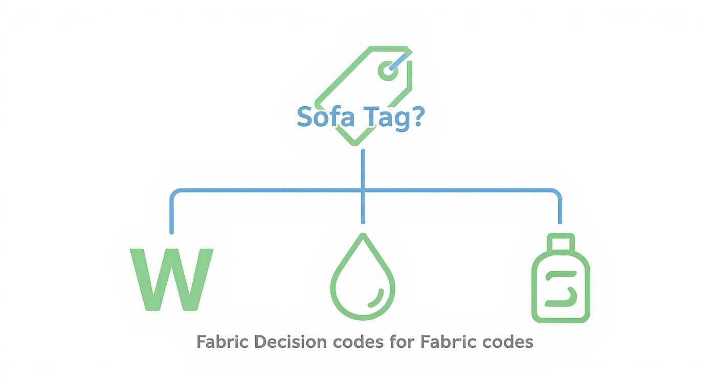 Diagram illustrating sofa fabric cleaning codes with symbols for water-based cleaning (W), water, and a cleaning solution.