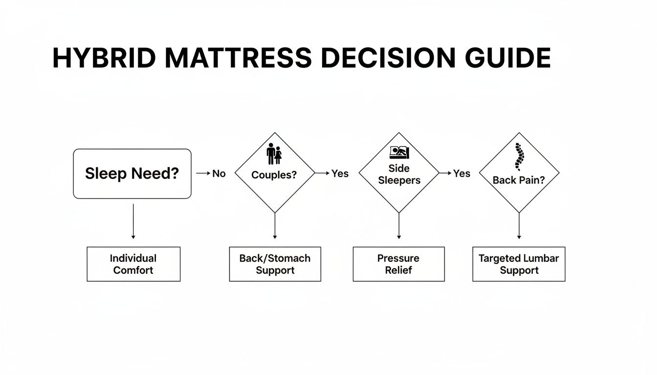 A flowchart guide for choosing a hybrid mattress based on individual needs, couples, side sleeping, and back pain.