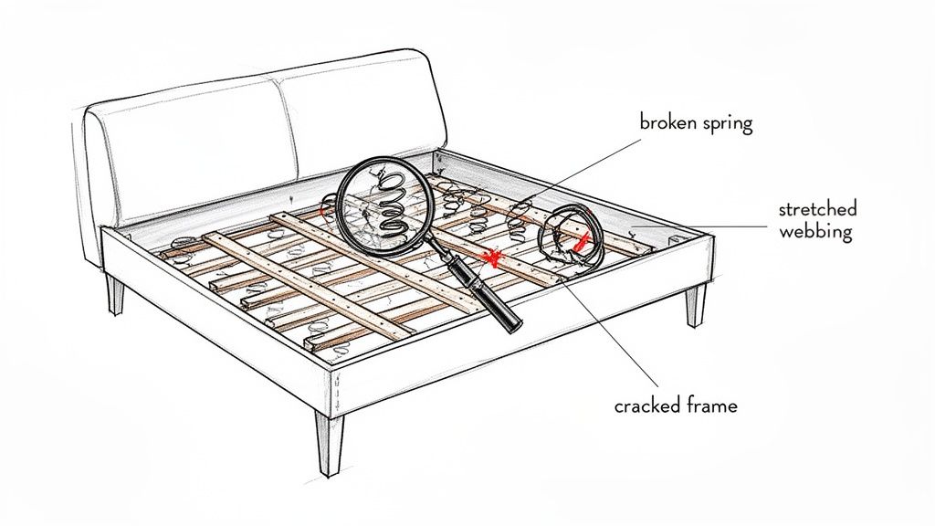 An illustration of a bed frame showing common issues: a broken spring, stretched webbing, and a cracked frame.