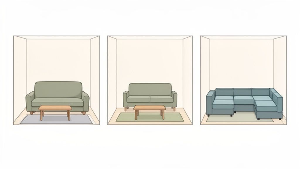Three room layouts demonstrating different couch styles and coffee tables in compact spaces.
