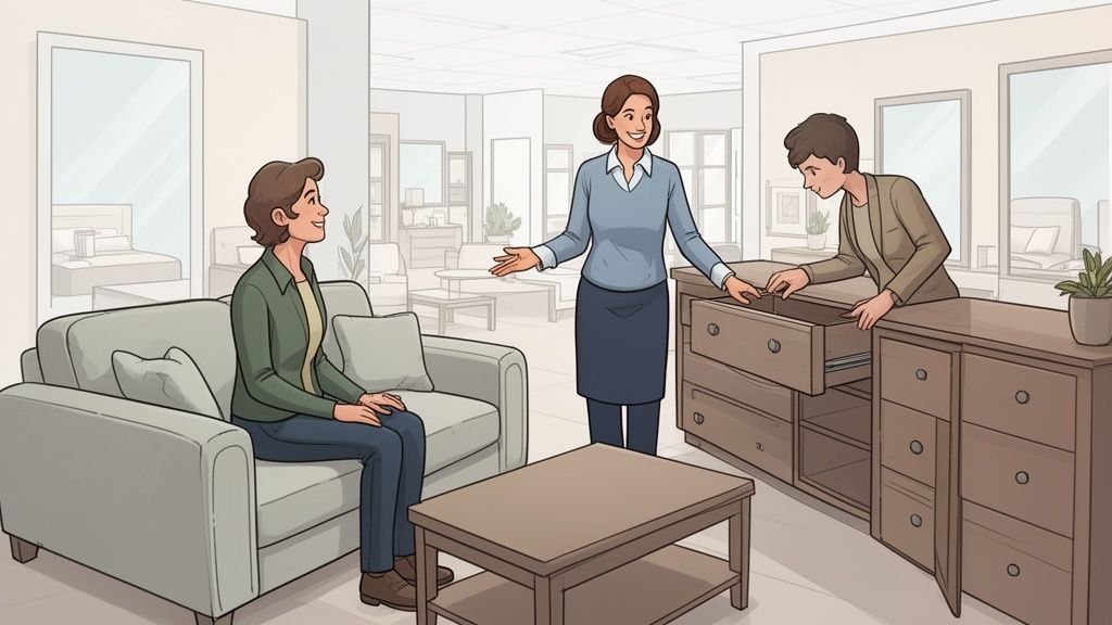 Three women in a modern furniture store, two examining a dresser while one sits on a sofa.