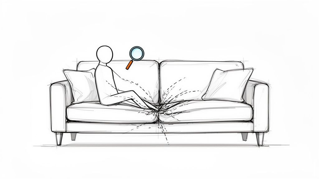 A stick figure person uses a magnifying glass to examine deeply sagging couch cushions.