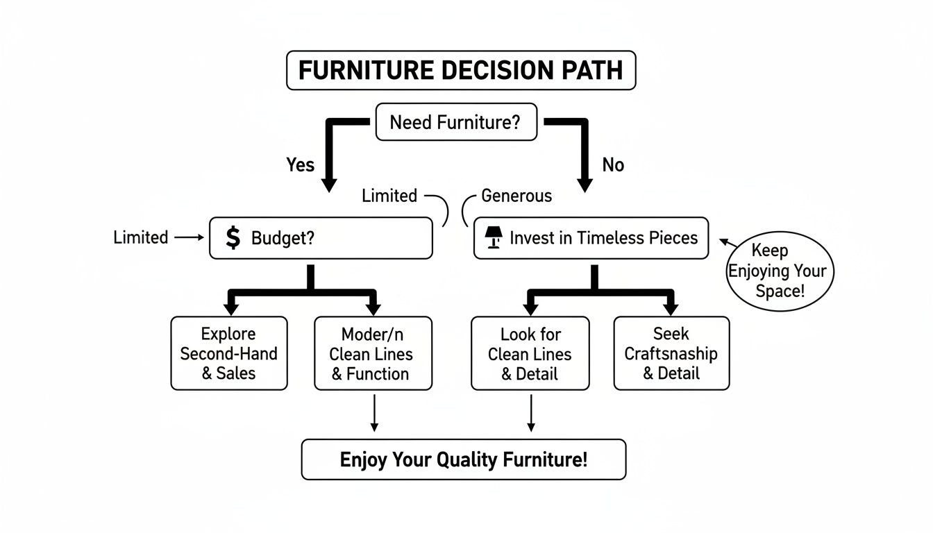 A flowchart detailing the furniture decision path, guiding users based on need and budget towards quality choices.