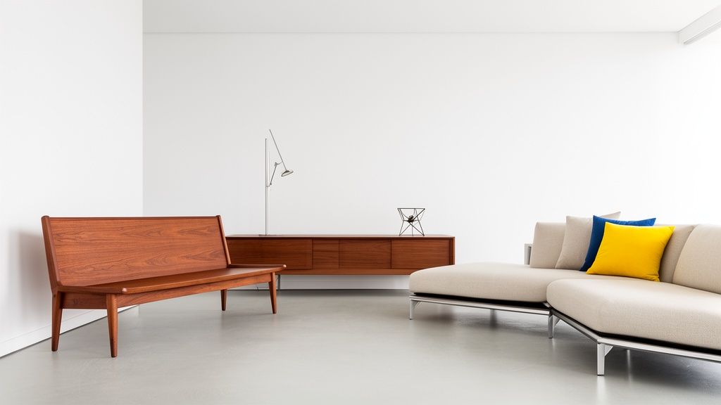 Minimalist living room featuring a wooden bench, console table, and a large sectional sofa.