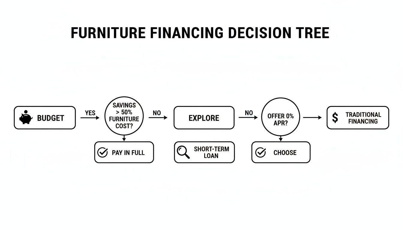 A flowchart illustrating the furniture financing decision tree from budgeting to loan options.