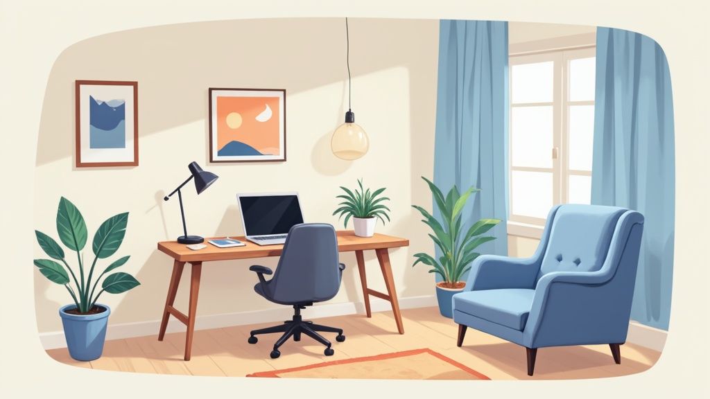 A cozy and modern home office features a wooden desk, laptop, office chair, plants, and a blue armchair.