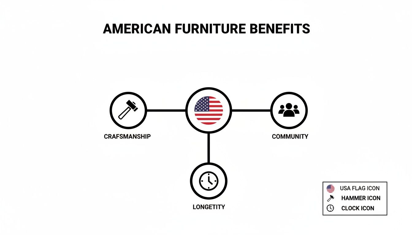 Diagram showing benefits of American furniture: craftsmanship, community, and longevity, centered around a USA flag icon.